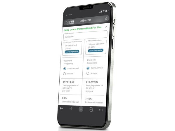 Mobile phone showing personalized farm land loan results from FBN